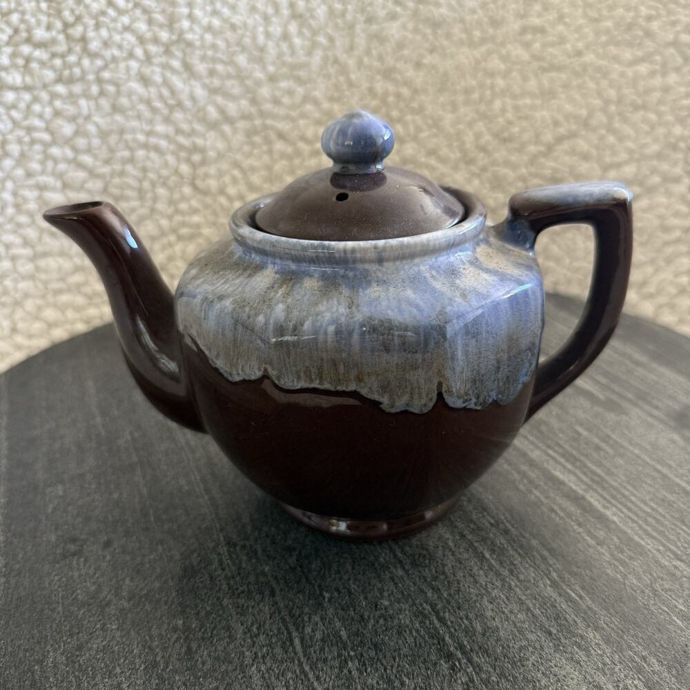 Vintage Brown Tea Pot w/Blue Drip Glaze Japanese Cottage‎ Pottery Farmhouse Boho